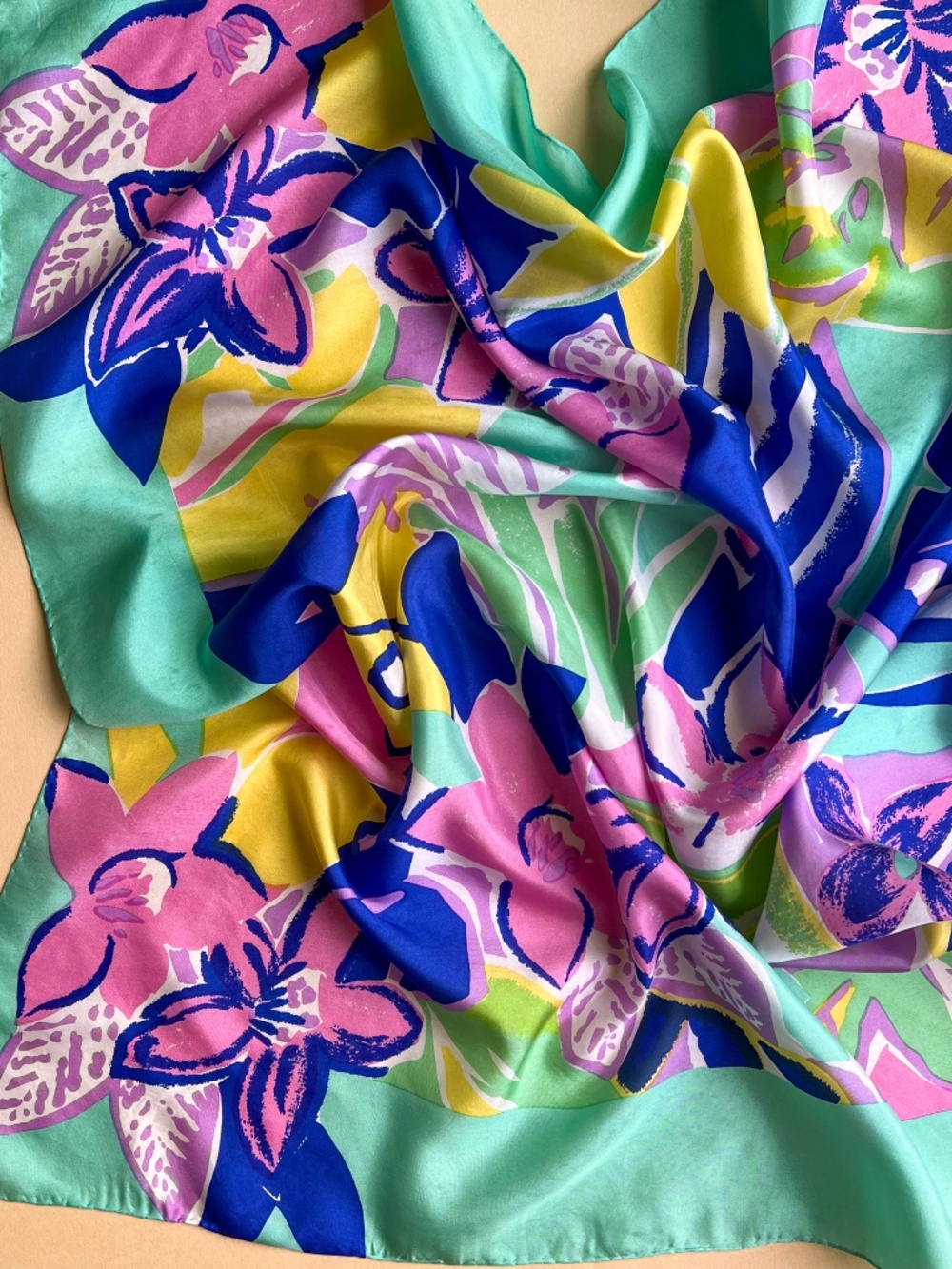 Vintage 1980s Electric Blue and Turquoise Tropical Print Scarf